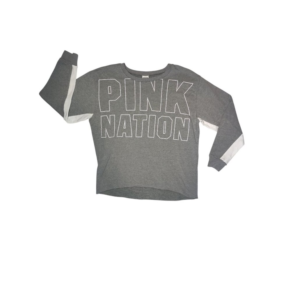 PINK Victoria's Secret Gray White‎ Pullover Sweatshirt Raw Hem Logo M